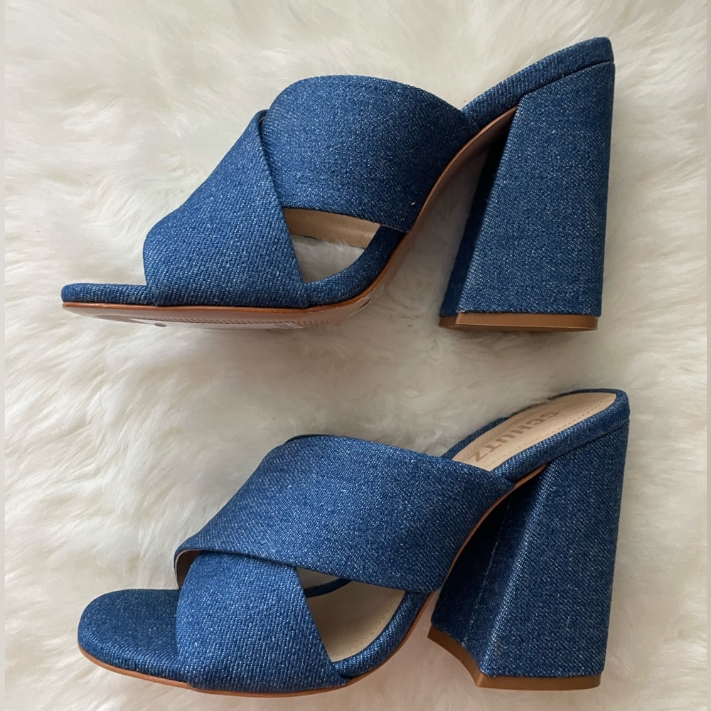 New! SCHUTZ Blue Denim Block Heel Mules